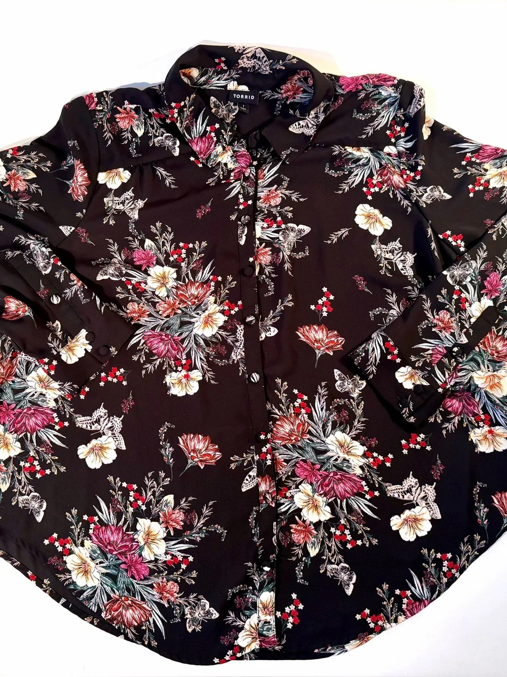 Torrid Women’s 1 14-16 Floral Butterfly Button Down Chiffon Tunic Blouse Shirt - Picture 1 of 11